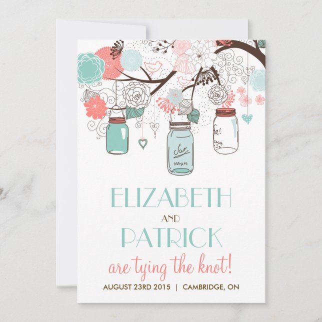 Blue & Coral Mason Jars Floral Wedding Invitation (Front)