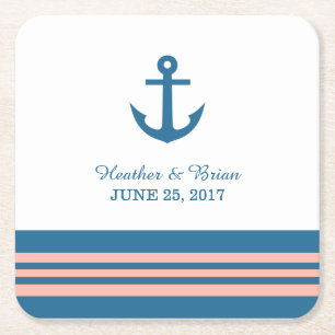 Blue Coral Nautical Anchor Wedding Paper Coasters