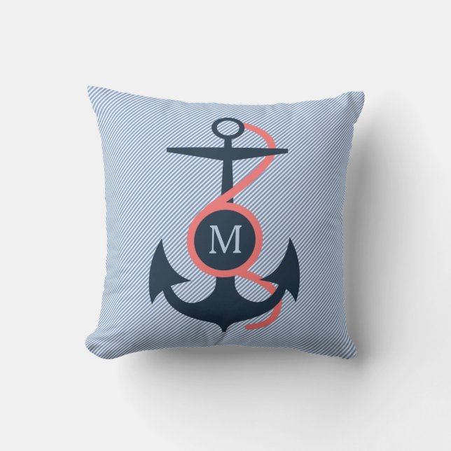 Blue & Coral Nautical Boat Anchor Outdoor Cushion (Front)
