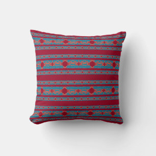 Blue Coral on Dark Red Symmetrical Motif in Rows Cushion