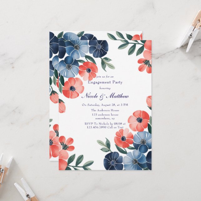 Blue & Coral Painted Bouquet Engagement Party Invitation (Front/Back In Situ)
