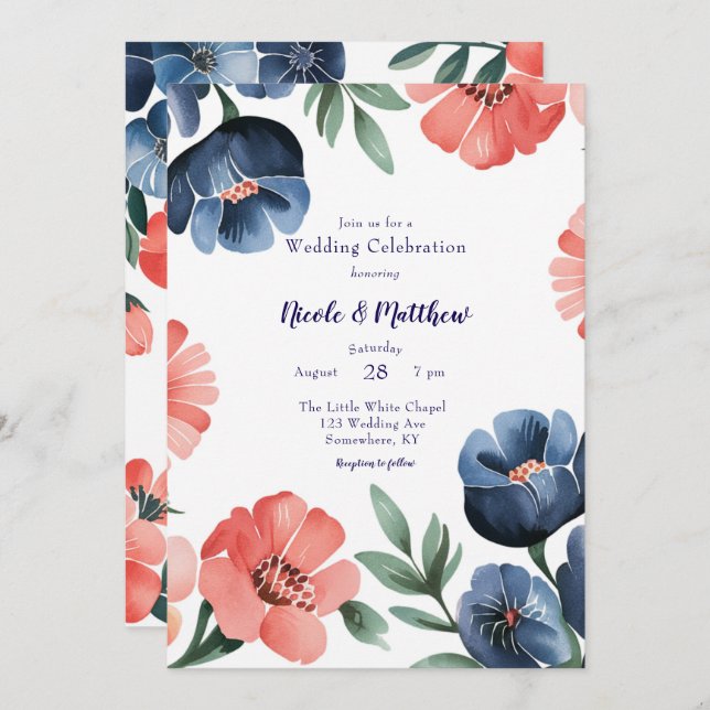 Blue & Coral Painted Bouquet Wedding Celebration Invitation (Front/Back)