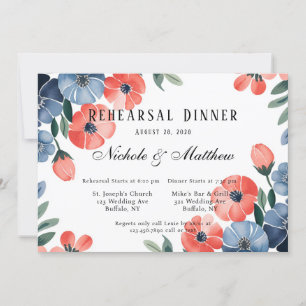 Blue & Coral Painted Florals Rehearsal Dinner Invitation
