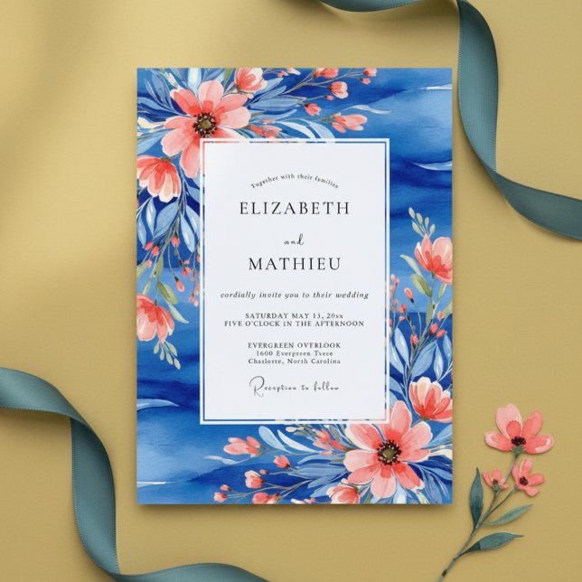Blue Coral Painterly Botanical Wedding Invitation (Creator Uploaded)
