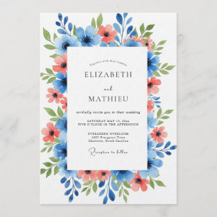 Blue Coral Painterly Floral Wedding Invitation