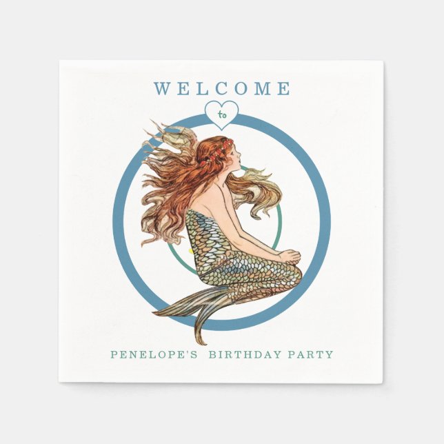Blue Coral Peach Adorable Mermaid Birthday Party Napkin (Front)