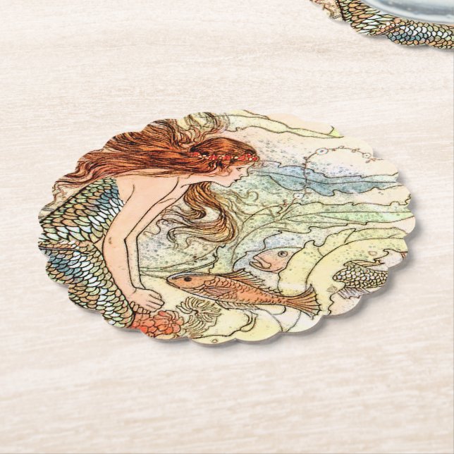 Blue Coral Peach Adorable Mermaid Birthday Party Paper Coaster (Angled)