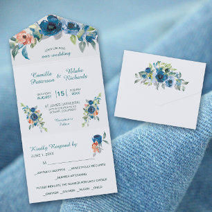 Blue Coral Peach Floral Bouquet Wedding  All In One Invitation