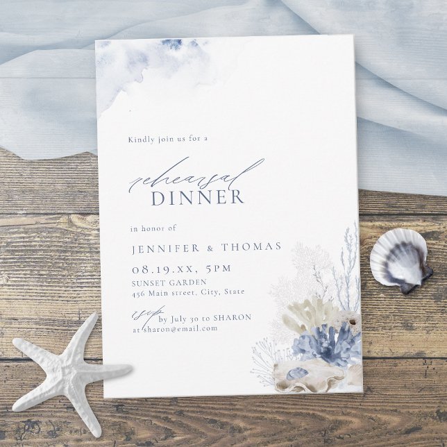 Blue coral & seashells beach rehearsal dinner invitation (Blue coral & seashells beach rehearsal dinner invitation)