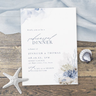 Blue coral & seashells beach rehearsal dinner invitation
