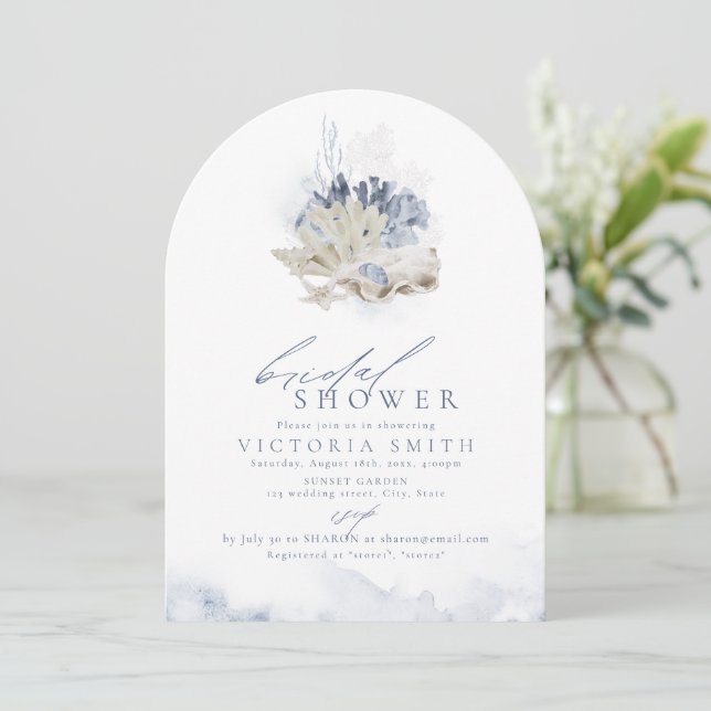 Blue coral & seashells beach themed Bridal Shower Invitation (Standing Front)