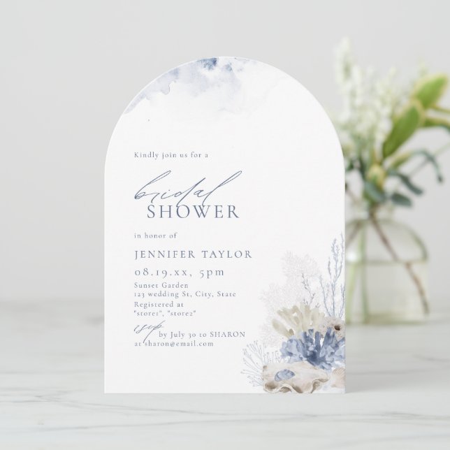 Blue coral & seashells beach themed Bridal Shower Invitation (Standing Front)