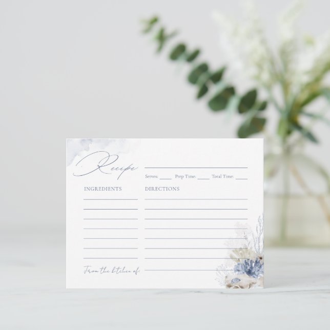 Blue coral & seashells beach themed Recipe Card (Standing Front)