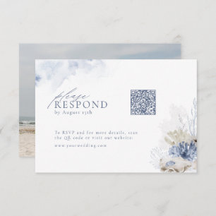 Blue coral & seashells beach wedding QR code RSVP Card