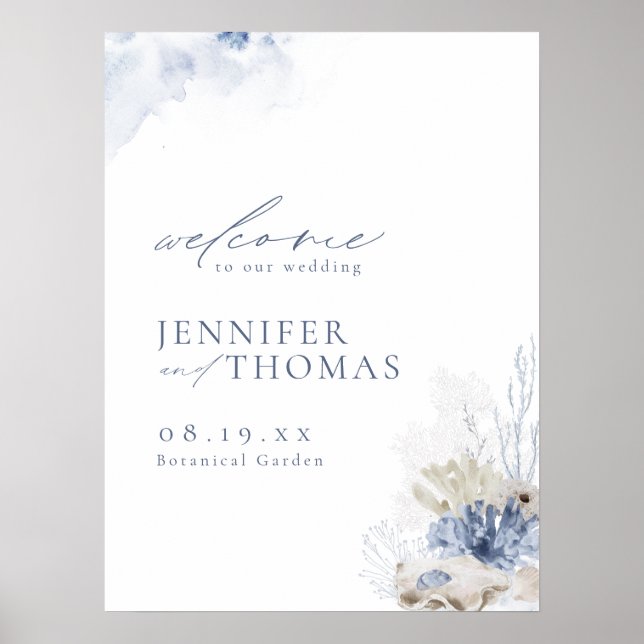 Blue Coral & Seashells Beach Wedding Welcome Sign (Front)