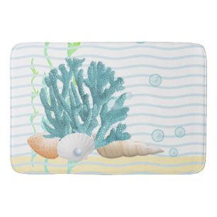 Blue Coral, Seashells & Blue Pearl Bath Mat