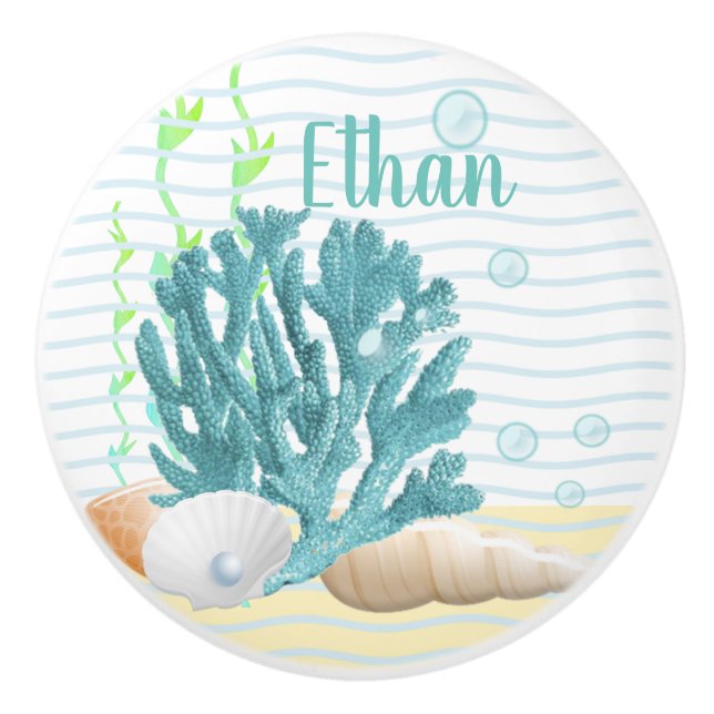 Blue Coral, Seashells & Blue Pearl Ceramic Knob (Front)
