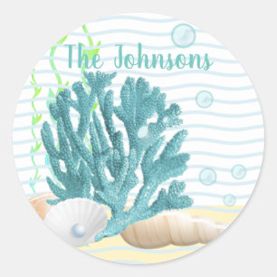 Blue Coral, Seashells & Blue Pearl Classic Round Sticker