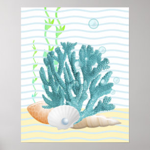 Blue Coral, Seashells & Blue Pearl Poster