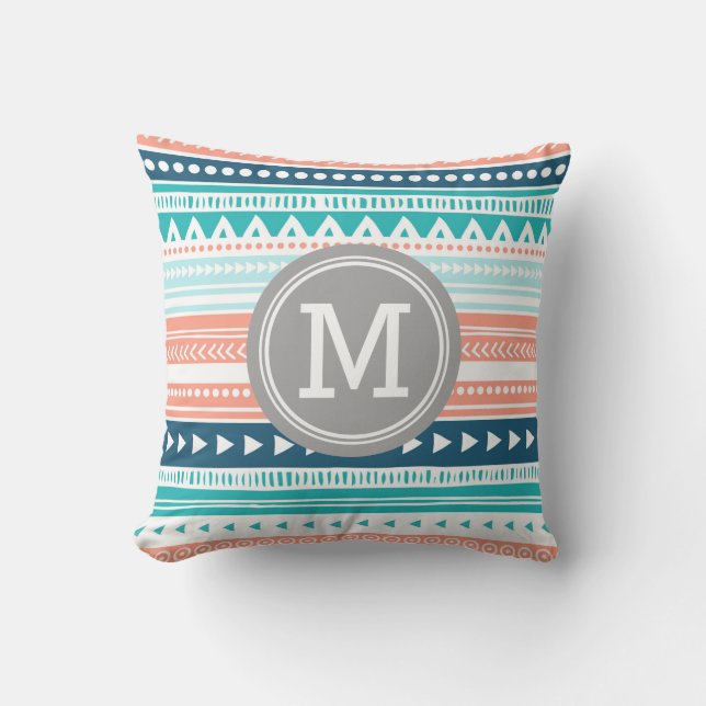 Blue Coral Tribal Monogram Decorative Pillow (Front)