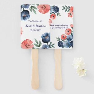 Blue & Coral Watercolor Bouquet Wedding Hand Fan