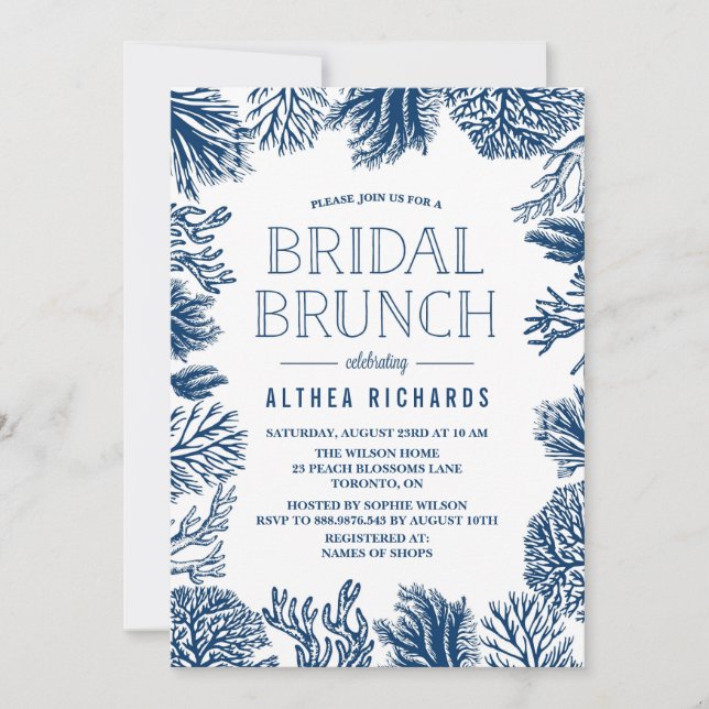 Blue Corals Frame Summer Bridal Brunch Invitation (Front)