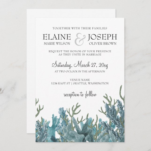 Blue Corals Under The Sea Wedding Invitation (Front/Back)