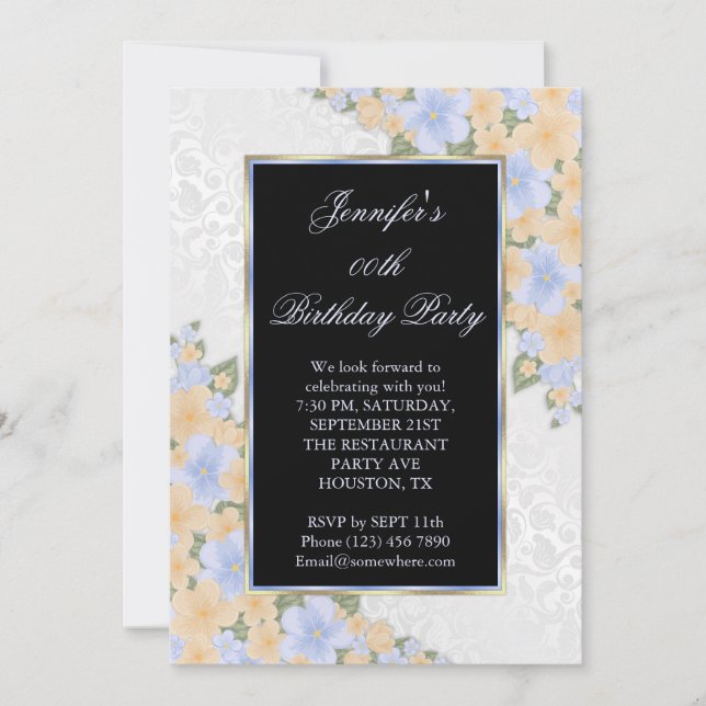 Blue Corner Floral Framed Birthday Party Invitation (Front)