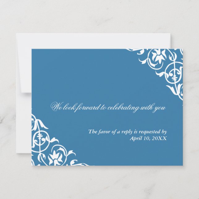 Blue corner scroll wedding enclosure RSVP response Invitation (Front)