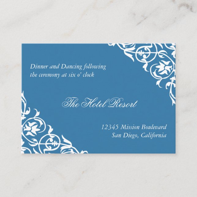 Blue corner scroll wedding reception enclosure card (Front)