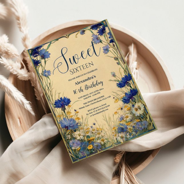 Blue Cornflower Art Nouveau Sweet Sixteen Invitation (Creator Uploaded)