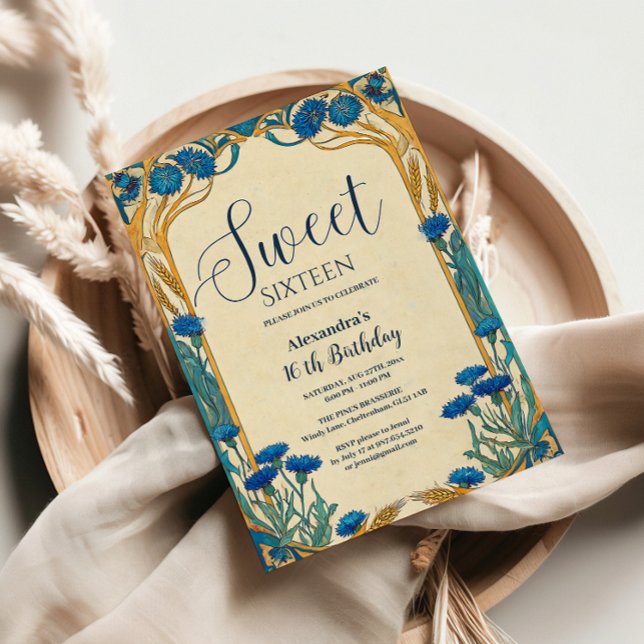 Blue Cornflower Art Nouveau Sweet Sixteen Invitation (Creator Uploaded)