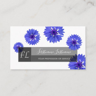 Blue cornflower blossom grey rectangle monogram business card