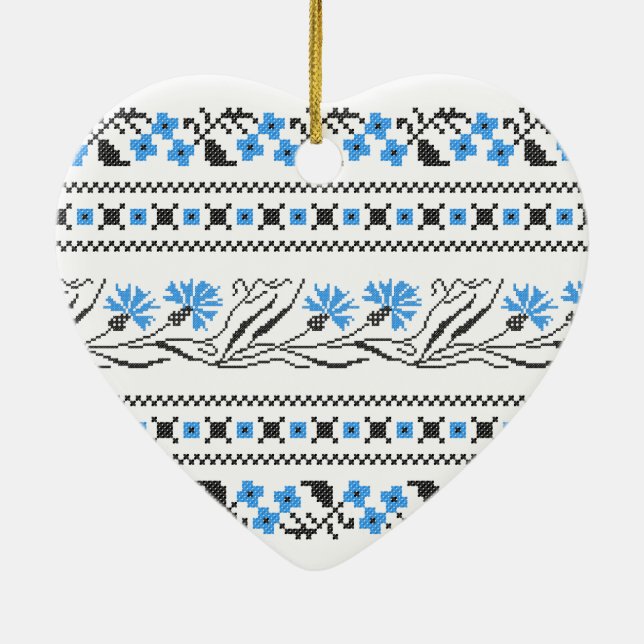 Blue Cornflower cross-stitch design Ceramic Tree Decoration (Back)