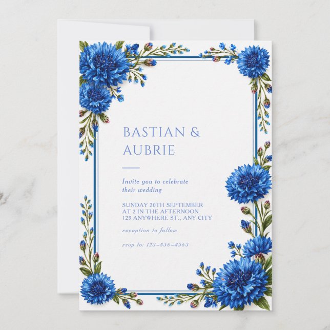 Blue Cornflower Floral Border Wedding Invitation (Front)