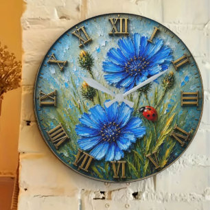 Blue Cornflower Ladybug Wildflower Botanical Large Clock