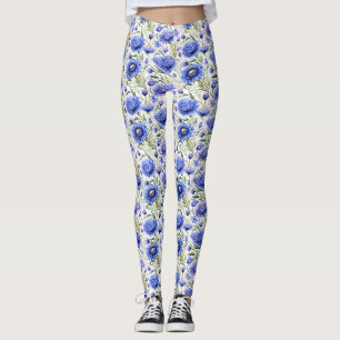 Blue Cornflower Seamless Pattern, Blue Floral Leggings