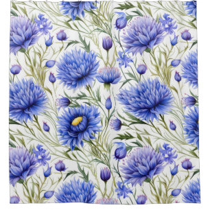 Blue Cornflower Seamless Pattern, Blue Floral Shower Curtain