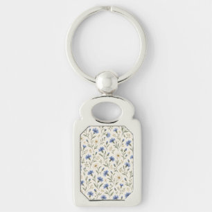 Blue Cornflowers and Ivory Daisies on Cream Key Ring
