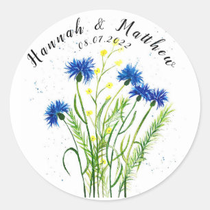 Blue cornflowers floral watercolor pretty Wedding Classic Round Sticker