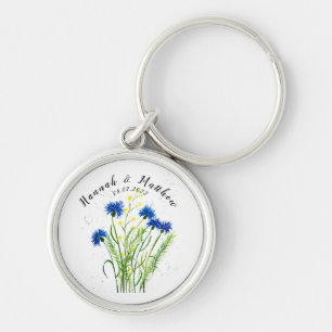 Blue cornflowers floral watercolor pretty Wedding Key Ring