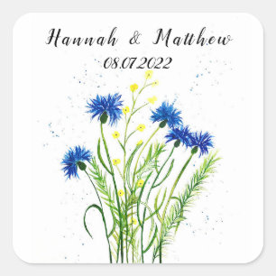 Blue cornflowers floral watercolor pretty Wedding Square Sticker