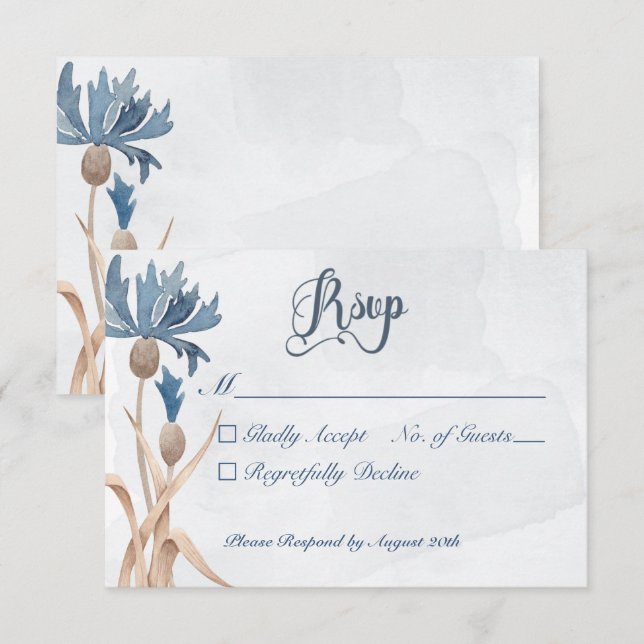 Blue Cornflowers & Wheat Field Blue Wedding RSVP Card (Front/Back)