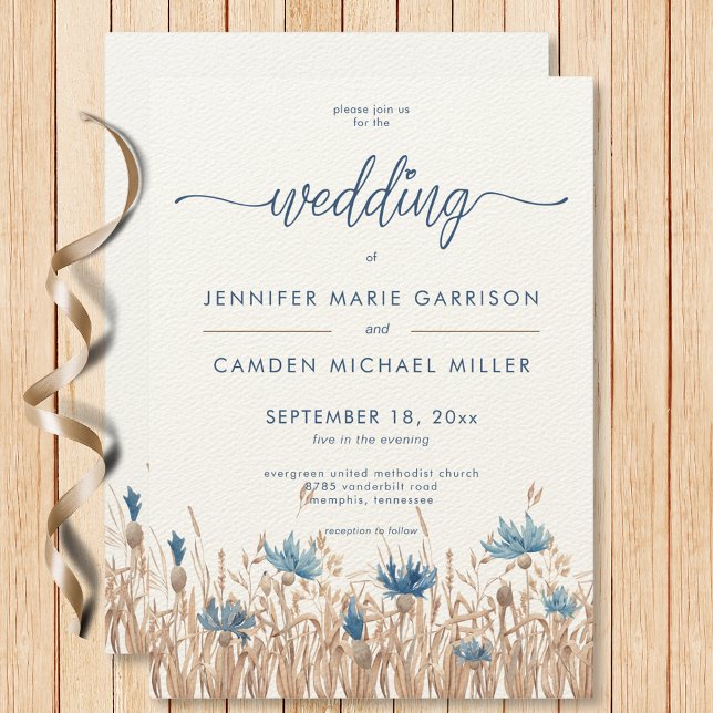 Blue Cornflowers Wheat Field Cream Modern Wedding Invitation (Blue Cornflowers Wheat Field Cream Modern Wedding Invitation)