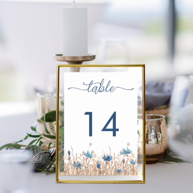 Blue Cornflowers &Wheat Field Cream Modern Wedding Table Number (Creator Uploaded)