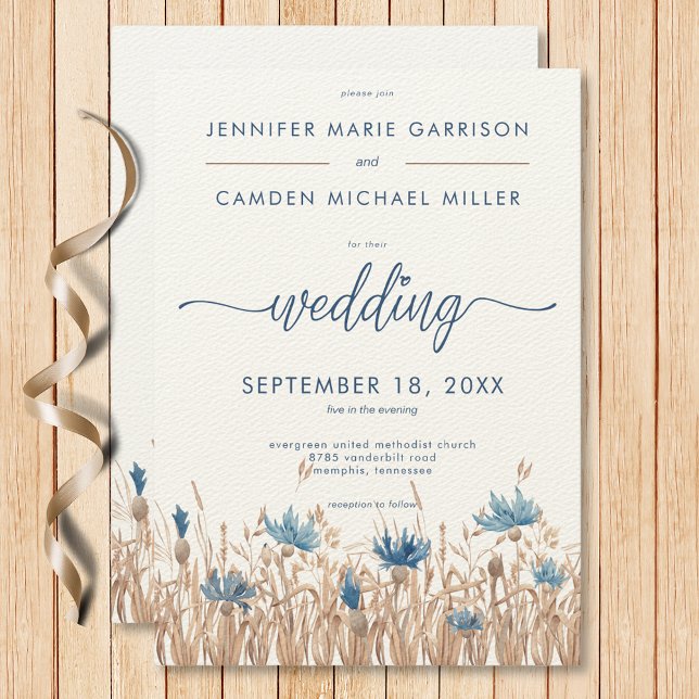 Blue Cornflowers & Wheat Field Modern Wedding Invitation (Blue Cornflowers & Wheat Field Modern Wedding Invitation)