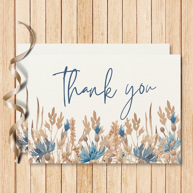 Blue Cornflowers & Wheat Field Modern Wedding Thank You Card (Blue Cornflowers & Wheat Field Modern Wedding Thank You Card)