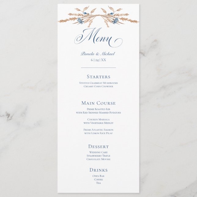 Blue Cornflowers & Wheat Wedding Menu (Front)