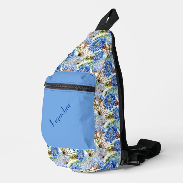 Blue Cornflowers White Background Sling Bag (Right Corner)