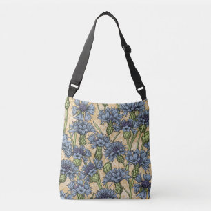 Blue cornflowers, wild flowers on honney yellow crossbody bag